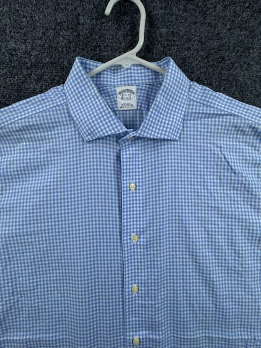 Brooks Brothers 17.5 34 Check Supima Non-Iron Cotton Blue Button Up Men Shirt